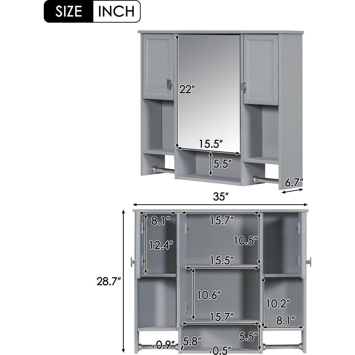 35" x 28" Modern Wall Mounted Bathroom Storage Cabinet, Bathroom Wall Cabinet with Mirror, Medicine Cabinet with Towels Bar