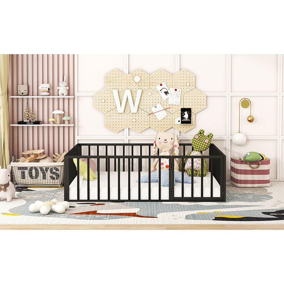 Full Size Metal Floor Bed Frame with Fence and Door, Black