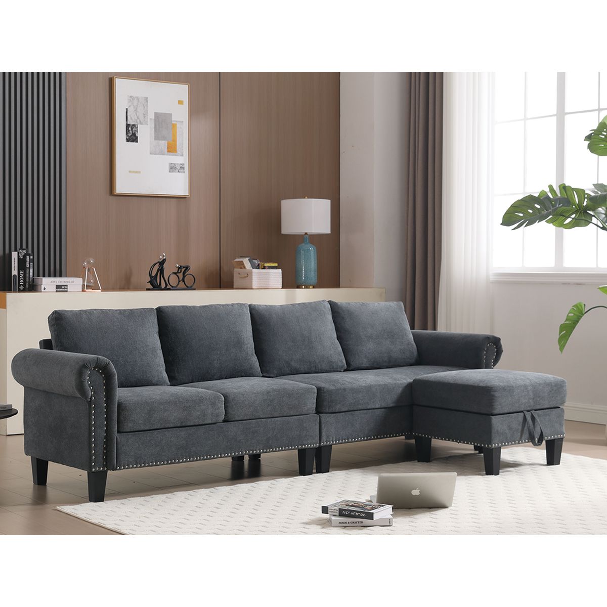 Convertible Sectional Sofa with Storage,L-shaped sofa,Four-seater sofa,Modern Linen Fabric Sectional Couches for Living Room,Gray