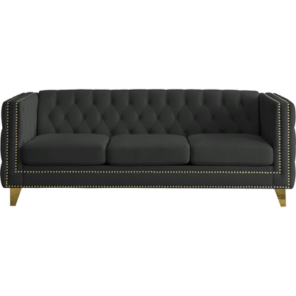 Velvet Sofa for Living Room,Buttons Tufted Square Arm Couch, Modern Couch Upholstered Button and Metal Legs, Sofa Couch for Bedroom, Black Velvet, 2PCS