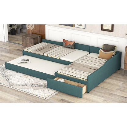 Upholstered Double Twin Size Daybed with Trundle and Drawer, Green