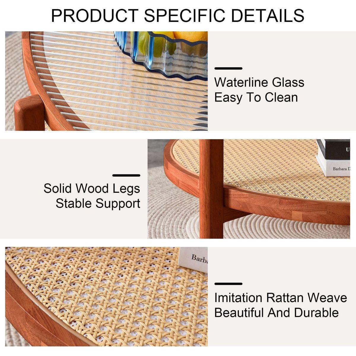 Modern minimalist circular double-layer solid wood coffee table, craft glass tabletop, second layer material: PE rattan, solid wood frame. 34.6 'x 34.6' x 17.7"