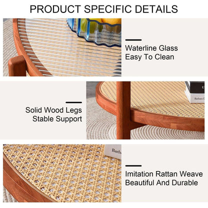 Modern minimalist circular double-layer solid wood coffee table, craft glass tabletop, second layer material: PE rattan, solid wood frame. 34.6 'x 34.6' x 17.7"
