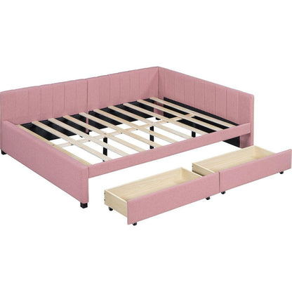 Full Size Upholstered Daybed with 2 Storage Drawers Sofa Bed Frame No Box Spring Needed, Linen Fabric (Pink)