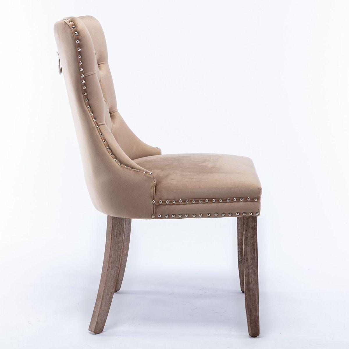 Nikki Collection Modern, High-end Tufted Solid Wood Contemporary Velvet Upholstered Dining Chair with Wood Legs Nailhead Trim 2-Pcs Set, Khaki
