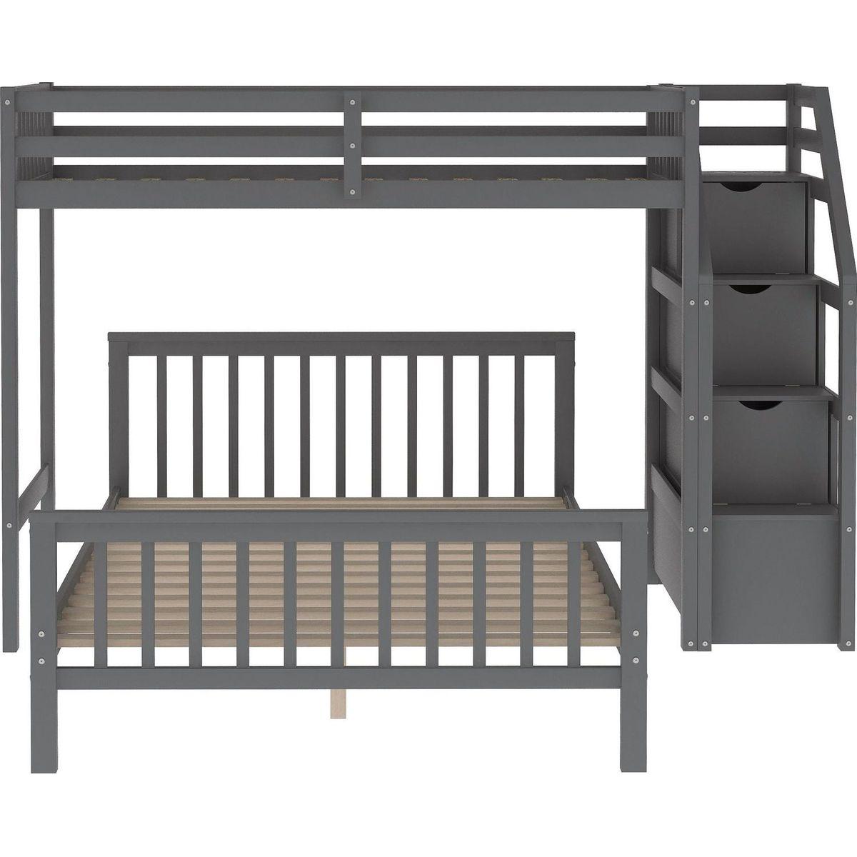 Twin over Full Loft Bed with Staircase,Gray
