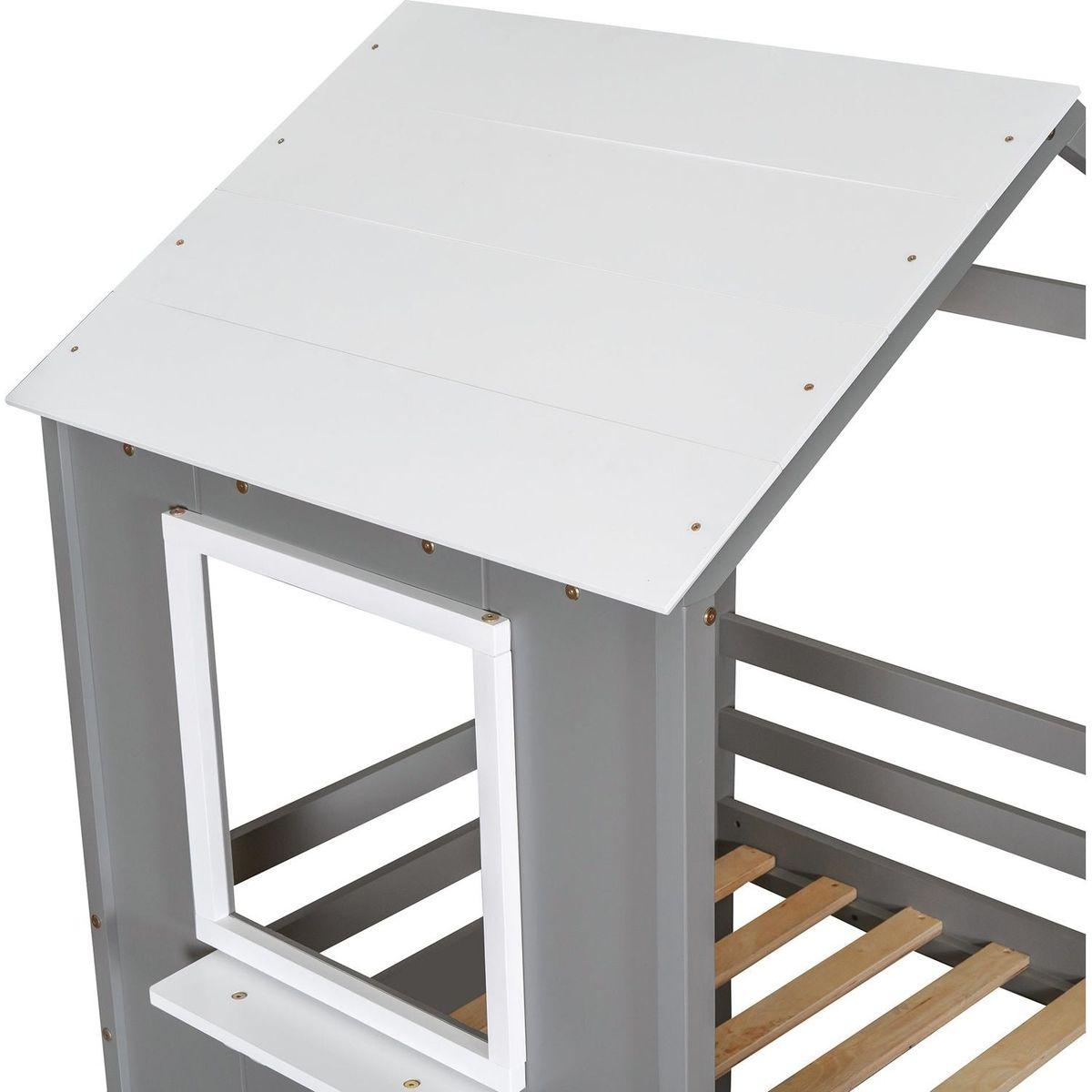 Twin Over Twin Bunk Bed Wood Bed with Roof, Window, Guardrail, Ladder (White)