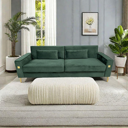 FX-P18-RG2(SOFA) Luxury Emerald Green Velvet Sofa with Gold Accents - Modern 3-Seat Couch with Plush Cushions, Perfect for Living Room and Office Decor