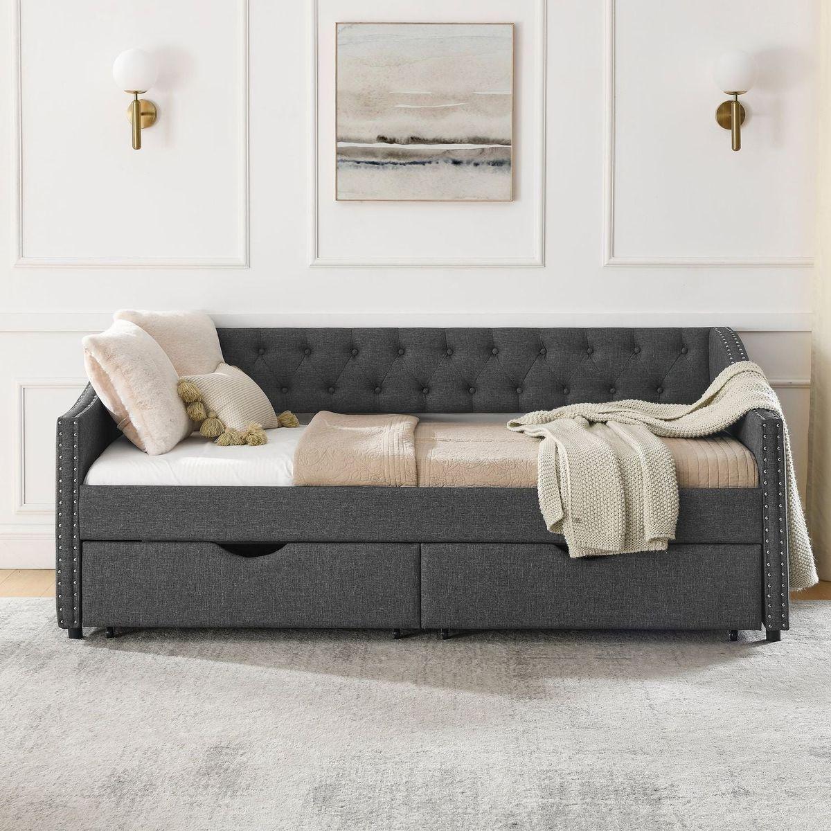 Twin Size Daybed with Drawers Upholstered Tufted Sofa Bed, with Button on Back and Copper Nail on Waved Shape Arms(81.5"x4"x30.5")