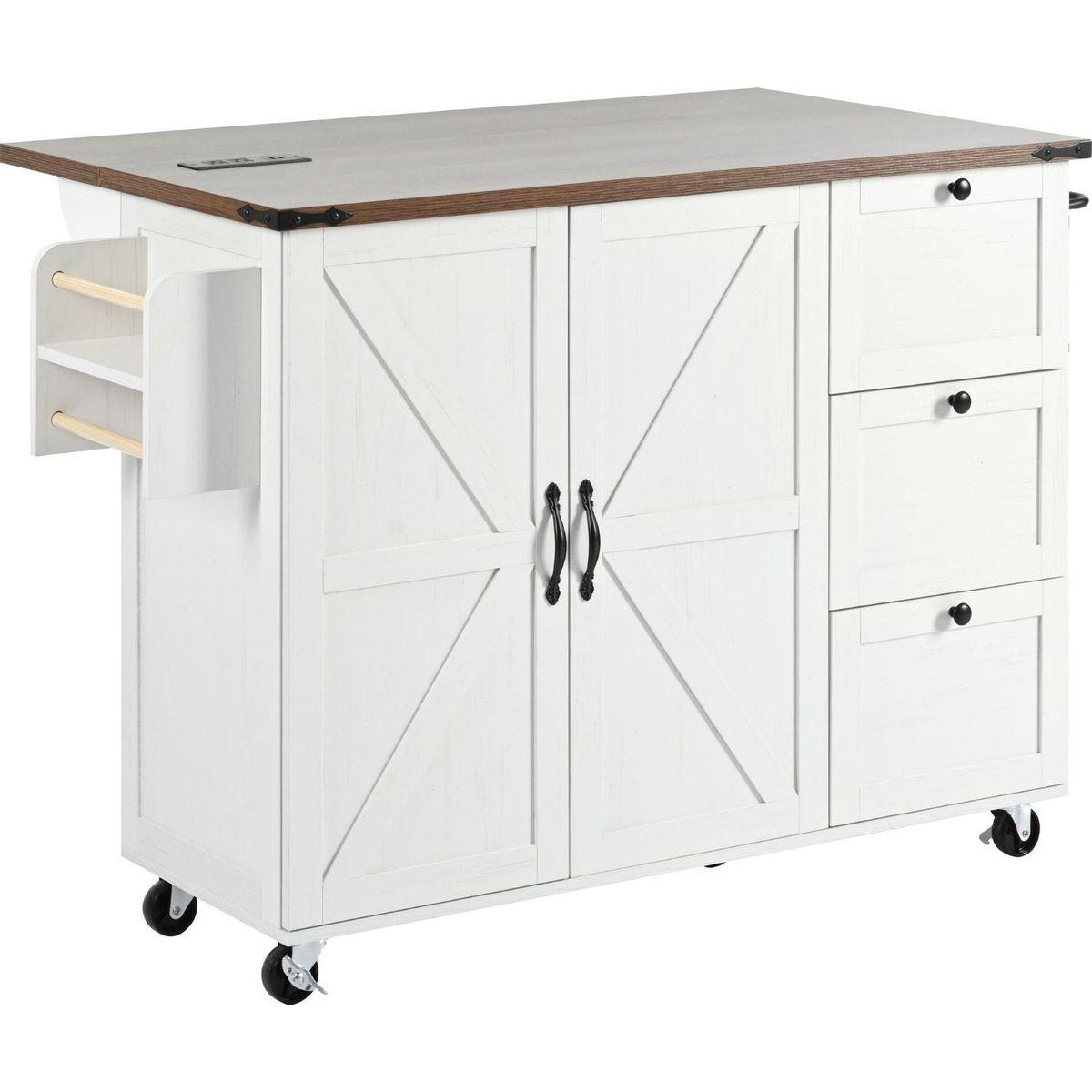 54.5" Farmhouse Kitchen Island with Power Outlet, Kitchen Storage Island with Internal Storage Rack, Drop Leaf, Spice Rack, Rolling Kitchen Cart on Wheels, for Home, Kitchen and Dining Room,White