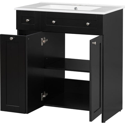 30-Inch Black Bathroom Vanity with Ceramic Sink Combo, Abundant Storage Cabinet - 2 Soft-close Doors and Double-tier Deep Drawer