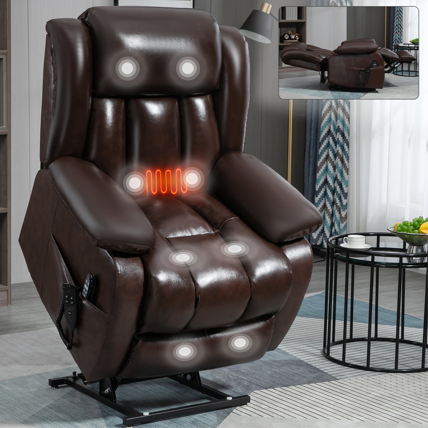 Dual Motor Infinite Position Up to 350 LBS Electric Medium size Genuine Leather Brown Power Lift Recliner Chair with 8-Point Vibration Massage and Lumbar Heating