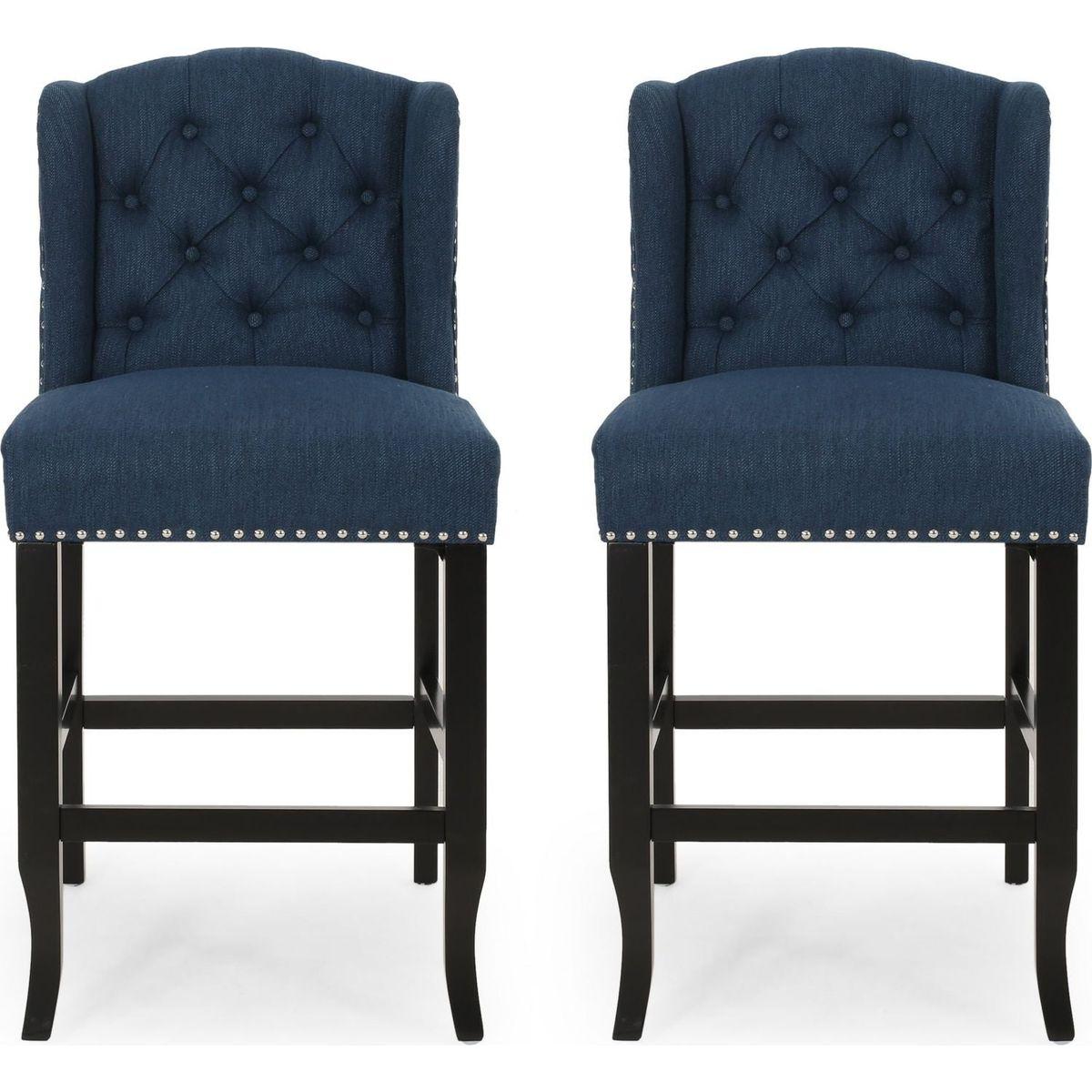 Vienna Contemporary Fabric Tufted Wingback 27 Inch Counter Stools, Set of 2, Navy Blue and Dark Brown - Streamdale Furniture