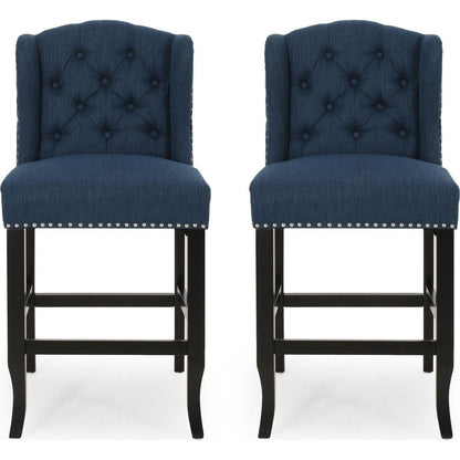 Vienna Contemporary Fabric Tufted Wingback 27 Inch Counter Stools, Set of 2, Navy Blue and Dark Brown - Streamdale Furniture