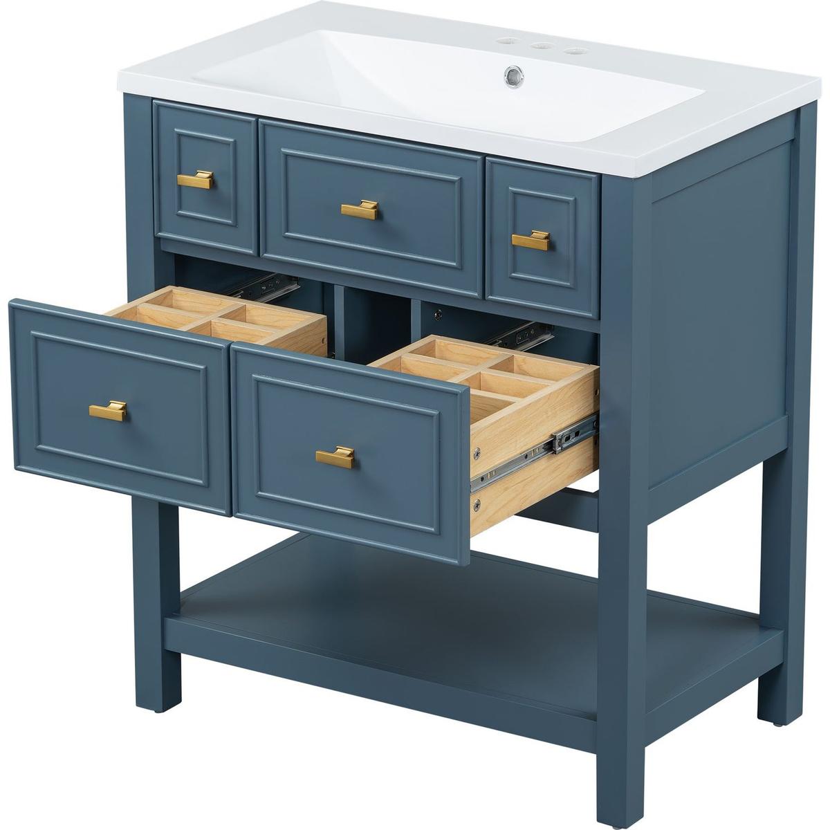 30" Bathroom Vanity with Resin Sink Combo, Free Standing Single Vanity Set with 5 Drawers, Solid Wood Frame Bathroom Storage Cabinet, Blue