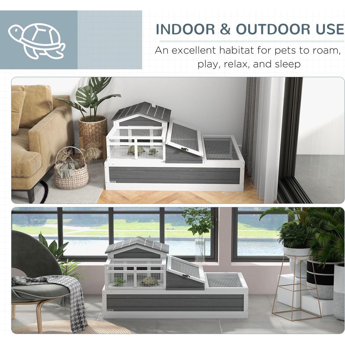 3-Room Tortoise House Habitat with Balcony & 2 Stories, Indoor/Outdoor Wooden Tortoise Enclosure with Ladder, Tray, Openable Roof, Large Reptile Cage, 44" x 25.5" x 23", Gray