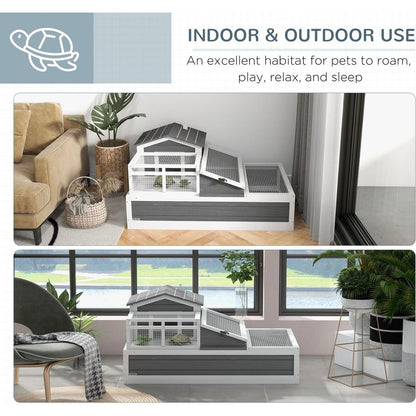 3-Room Tortoise House Habitat with Balcony & 2 Stories, Indoor/Outdoor Wooden Tortoise Enclosure with Ladder, Tray, Openable Roof, Large Reptile Cage, 44" x 25.5" x 23", Gray