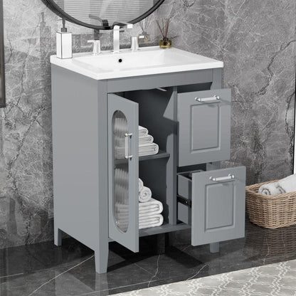 24" Bathroom Vanity with Sink, Bathroom Vanity Cabinet with Two Drawers and Door, Adjustable Shelf, Solid Wood and MDF, Grey