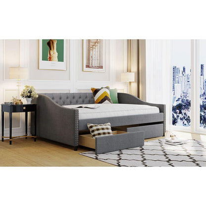 Upholstered daybed with Two Drawers, Wood Slat Support, Gray, Full Size
