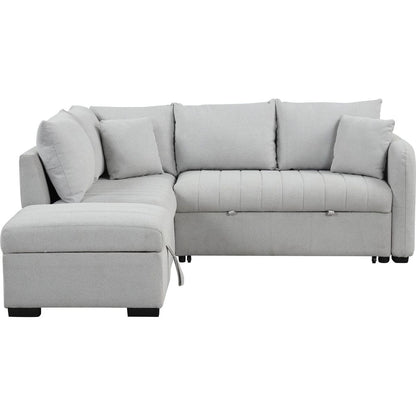 82.6" L-shaped Sectional Pull Out Sofa Bed Sleeper Sofa with Two USB Ports, Two Power Sockets and a Movable Storage Ottoman, Gray