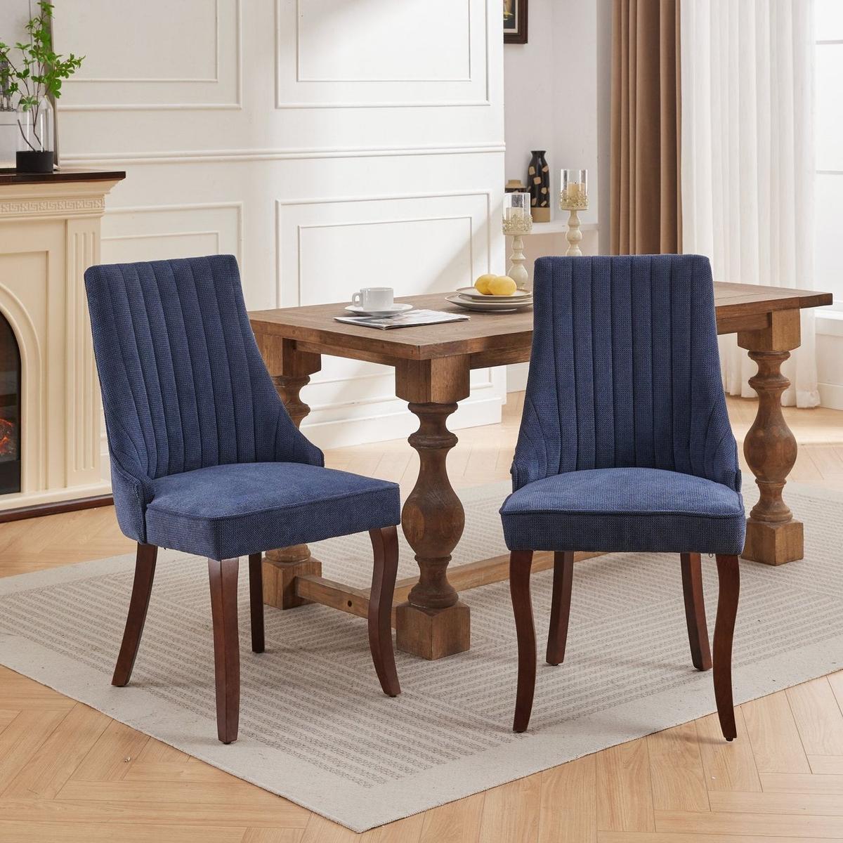 Rayon Cloth Flocking Linen Dining Chairs Channel Kitchen Dinner Chair Comfy Fabric Upholstered Accent Chair for Dining Room with Curved Solid Wood Legs,Set of 2 (Blue) - Streamdale Furniture