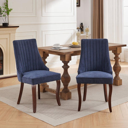 Rayon Cloth Flocking Linen Dining Chairs Channel Kitchen Dinner Chair Comfy Fabric Upholstered Accent Chair for Dining Room with Curved Solid Wood Legs,Set of 2 (Blue) - Streamdale Furniture