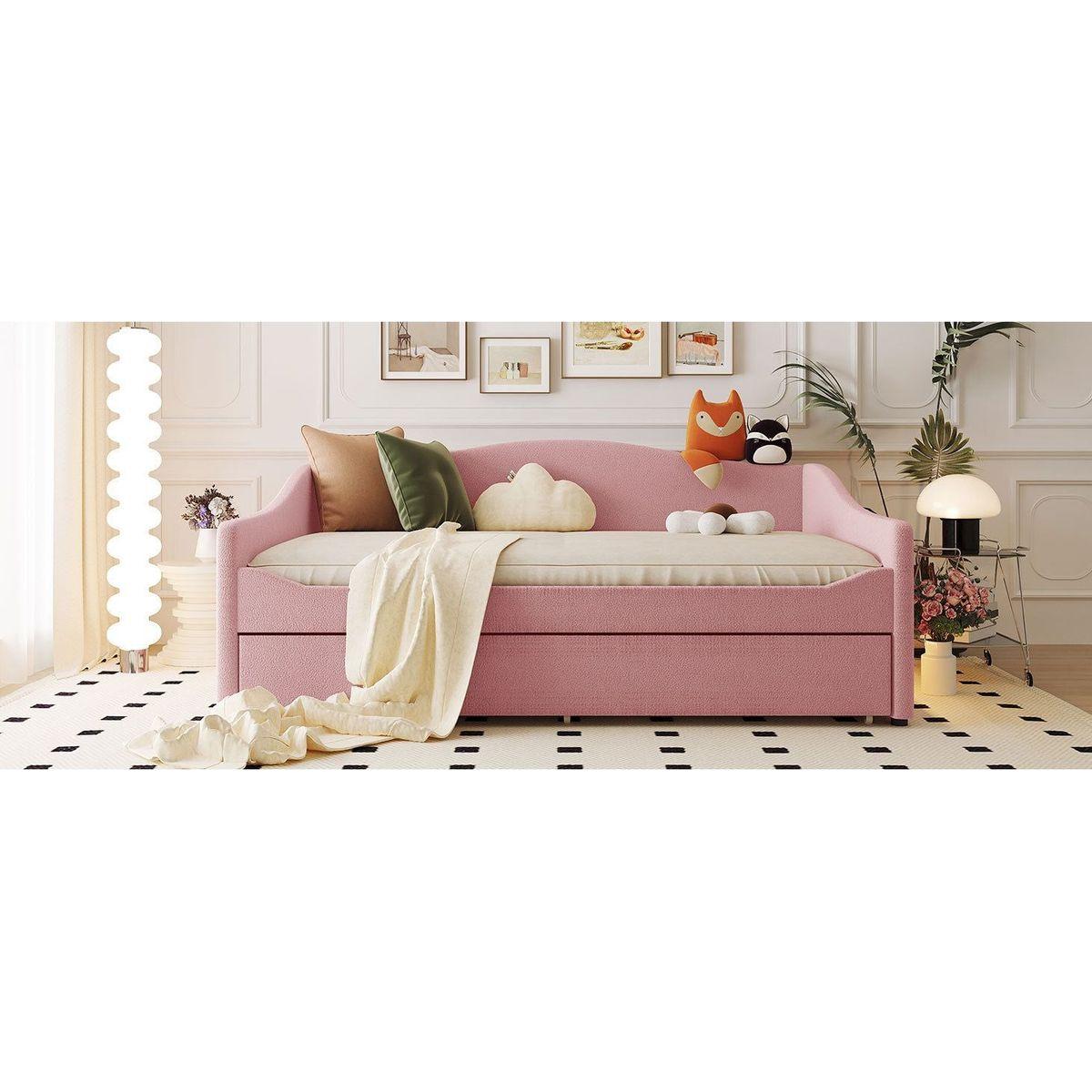Teddy Fleece Full Size Upholstered Daybed with Light and Trundle, Pink