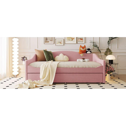 Teddy Fleece Full Size Upholstered Daybed with Light and Trundle, Pink