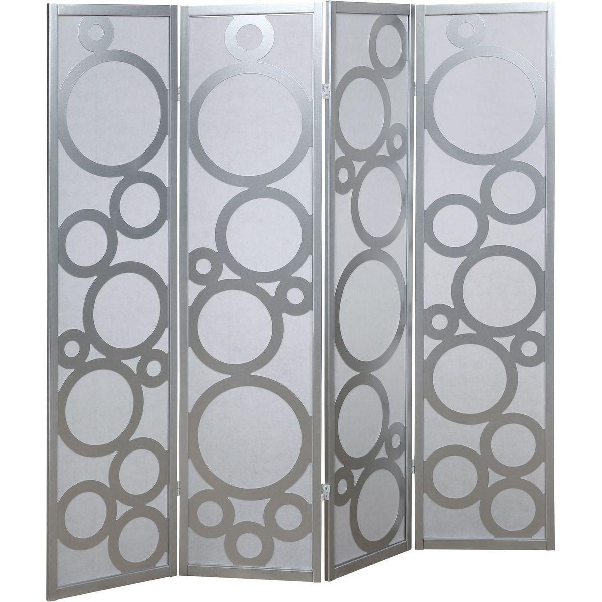 Arvada 4-Panel Wood Room Divider with Circle Pattern, Silver