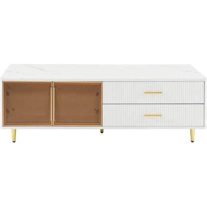 Modern White Coffee Table with 2 Glass Door Storage, 4 Drawers, Gold Metal Legs, and Multi-Color Lighting in 47.2"