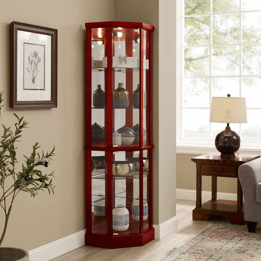 6 Shelf Lighted Corner Curio Cabinet with Adjustable Tempered Glass Shelves and Mirror Back, Cherry