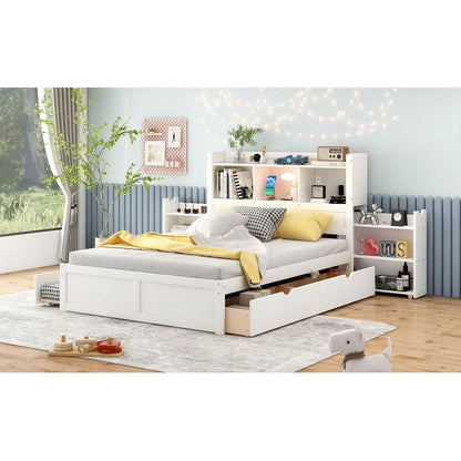 Full Size Storage Platform Bed with Pull Out Shelves, Twin Size Trundle and 2 Drawers, White