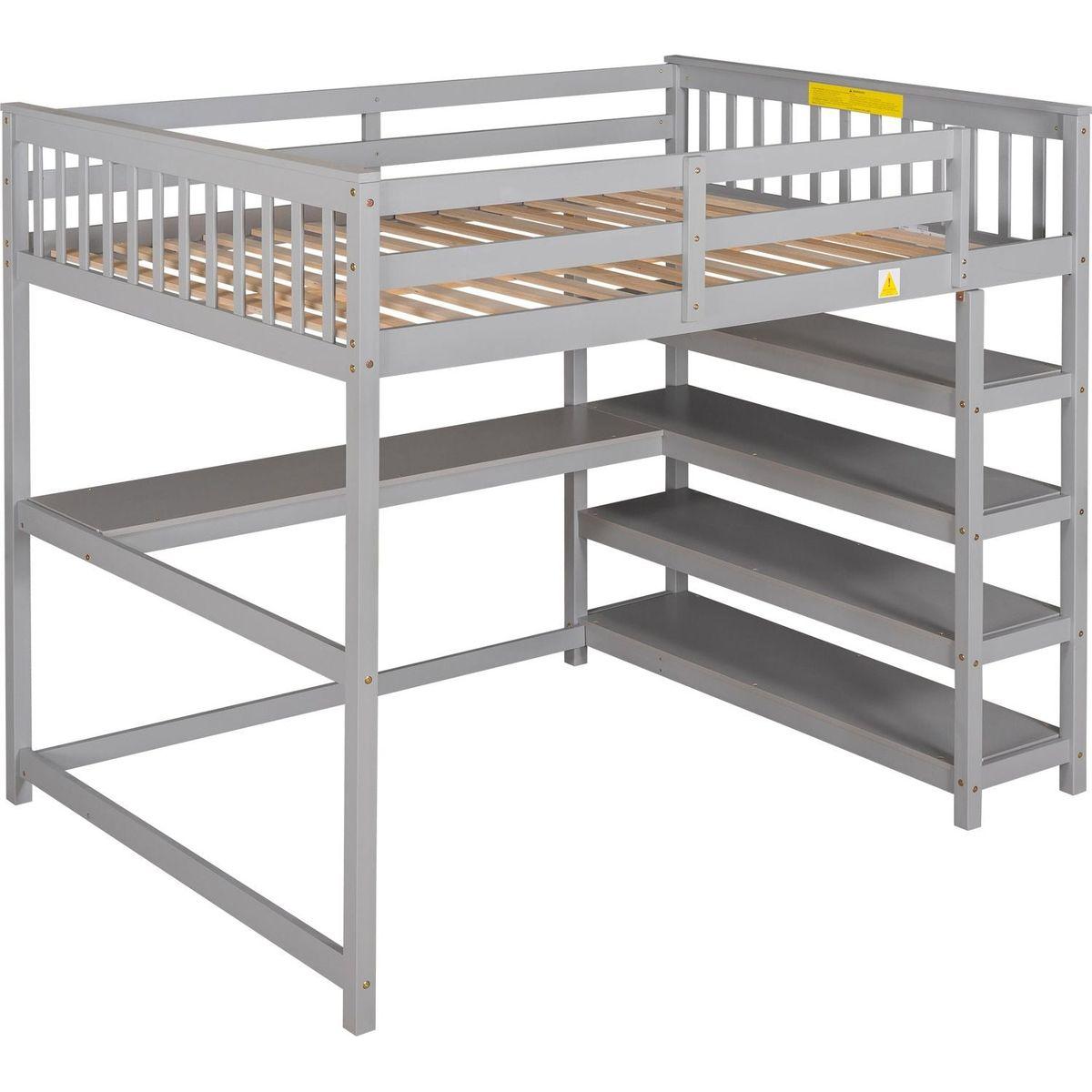 Full Size Loft Bed with Storage Shelves and Under-bed Desk, Gray