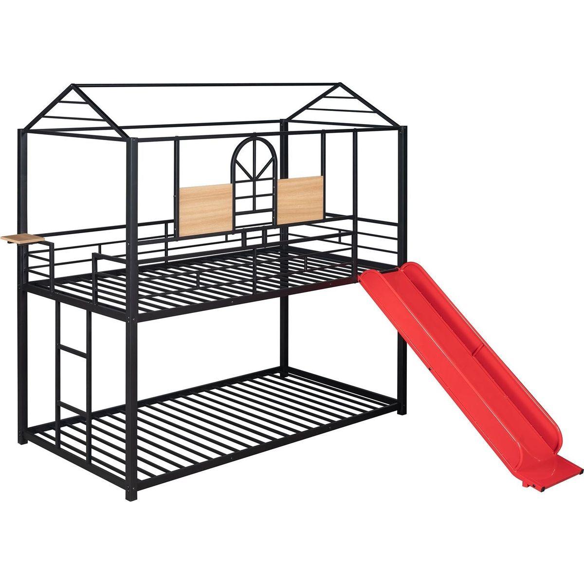 Twin Over Twin Metal Bunk Bed, Metal Housebed With Slide,Three Colors Available.(Black with Red Slide)