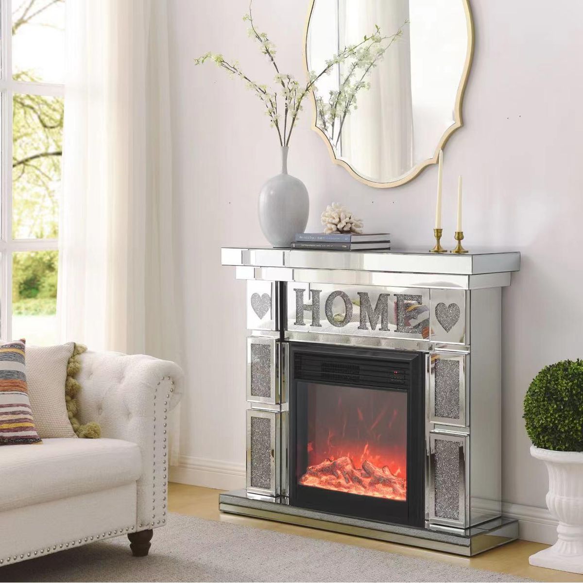 Exquisite Electric Fireplace with Mirror Finish and Crystalline Accents ...