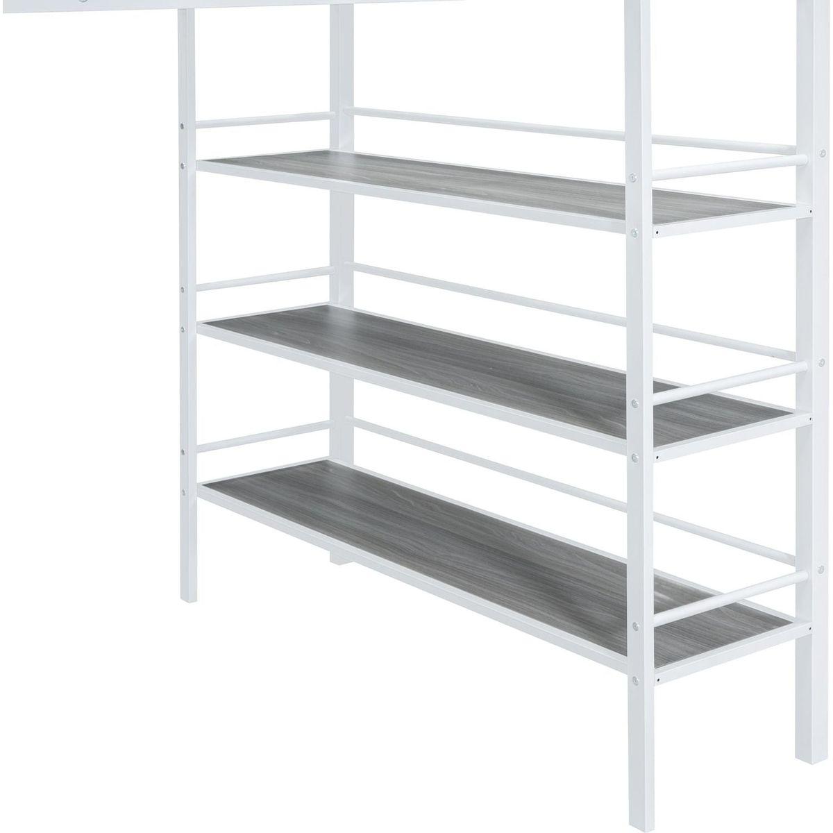 Full Size Loft Metal Bed with 3 Layers of Shelves and Desk, Stylish Metal Frame Bed with Whiteboard, White