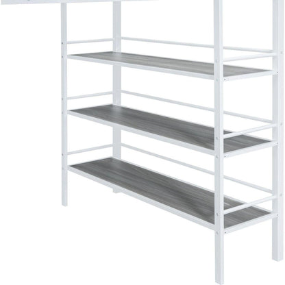 Full Size Loft Metal Bed with 3 Layers of Shelves and Desk, Stylish Metal Frame Bed with Whiteboard, White