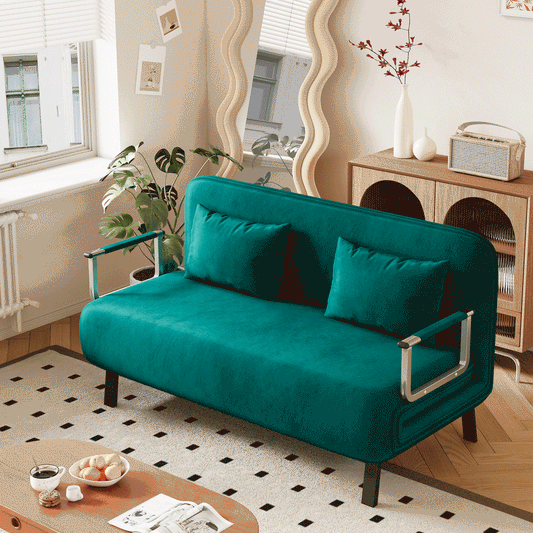 velvet Antique Green 55"Convertible Chair Bed, Tri-Fold Sofa Bed with Adjustable Backrest & Pillow, Leisure Chaise Lounge Couch with Sturdy Steel Frame for Home & Office, Comfortable Sleeper Chair