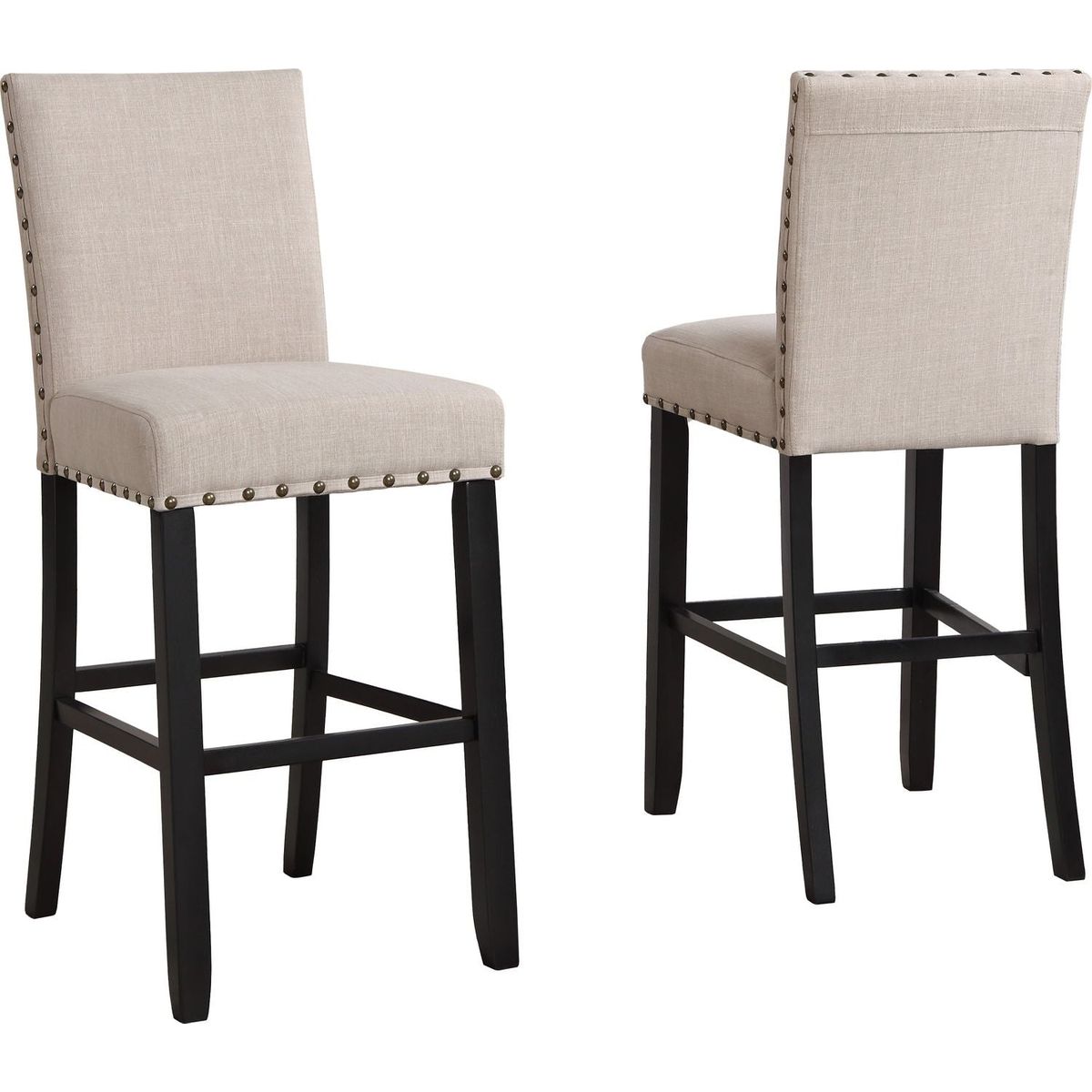 Biony Fabric Bar Stools with Nailhead Trim, Set of 2, Tan