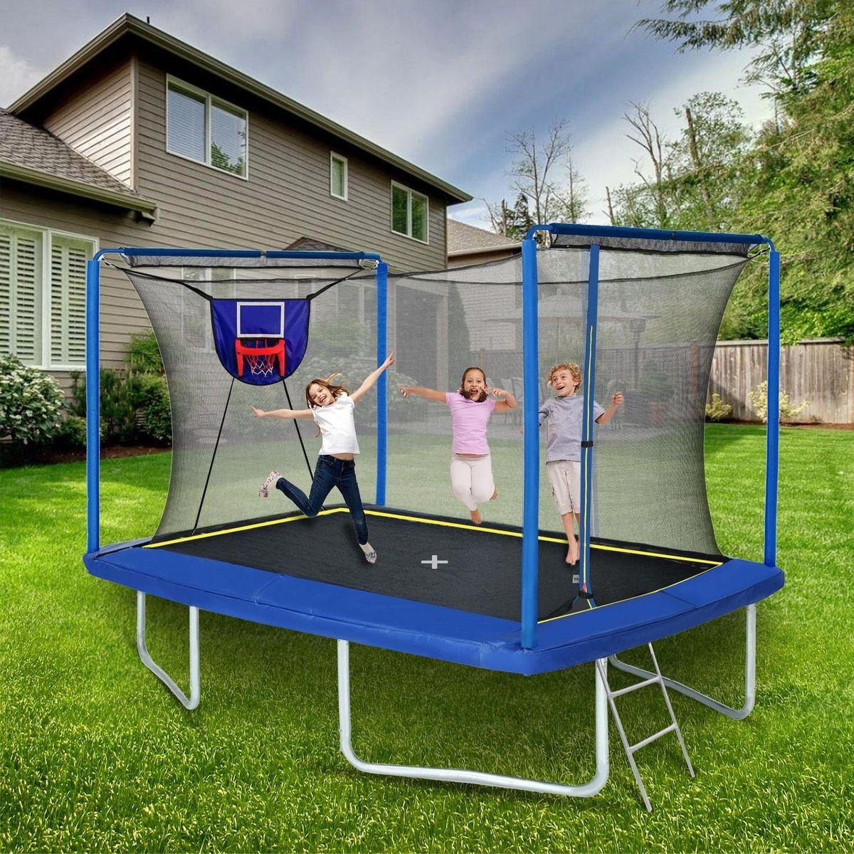 New YC 8ft by 12ft rectangular trampoline with basketball board,ball inflater and ladder-Blue ASTM standard tested and CPC certified