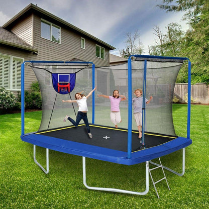 New YC 8ft by 12ft rectangular trampoline with basketball board,ball inflater and ladder-Blue ASTM standard tested and CPC certified