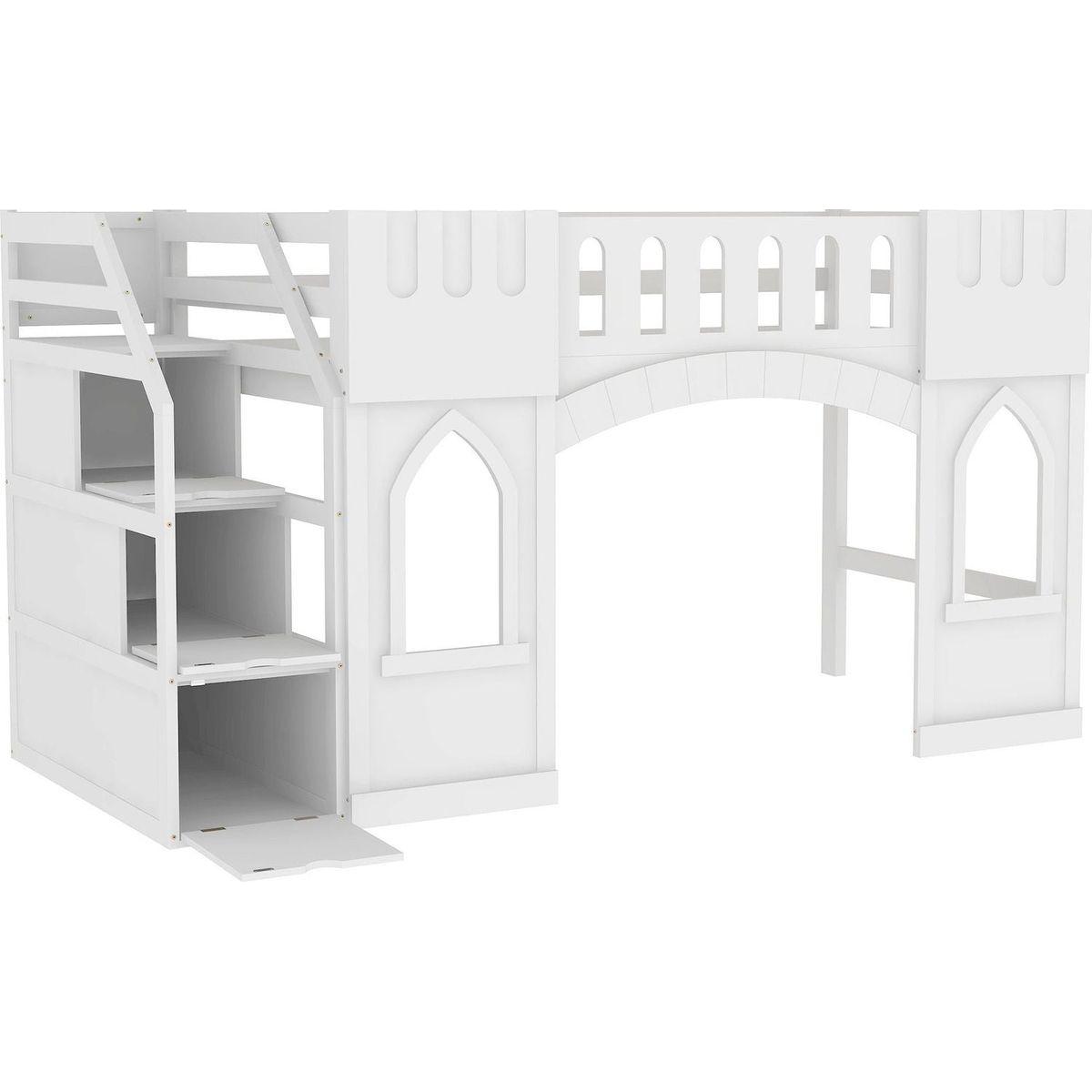 Twin Size Loft Bed with Storage Staircase and Window, White