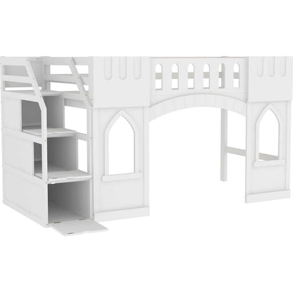 Twin Size Loft Bed with Storage Staircase and Window, White