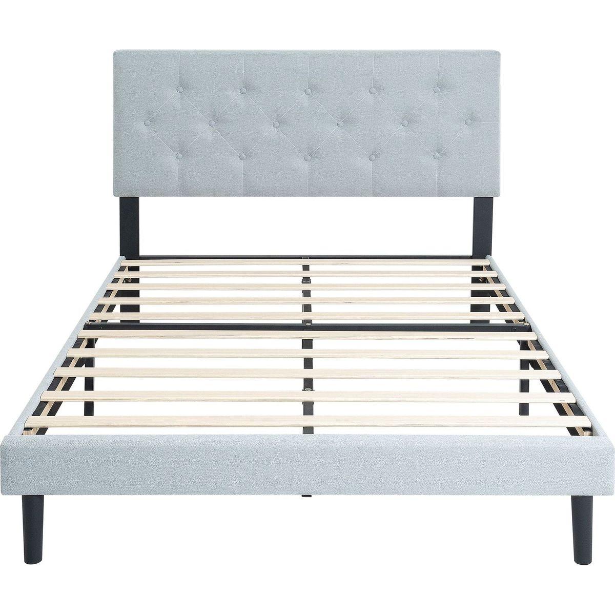 Queen Size Upholstered Platform Bed Frame with Modern Button Tufted Linen Fabric Headboard, No Box Spring Needed, Wood Slat Support, Easy Assembly, Grey