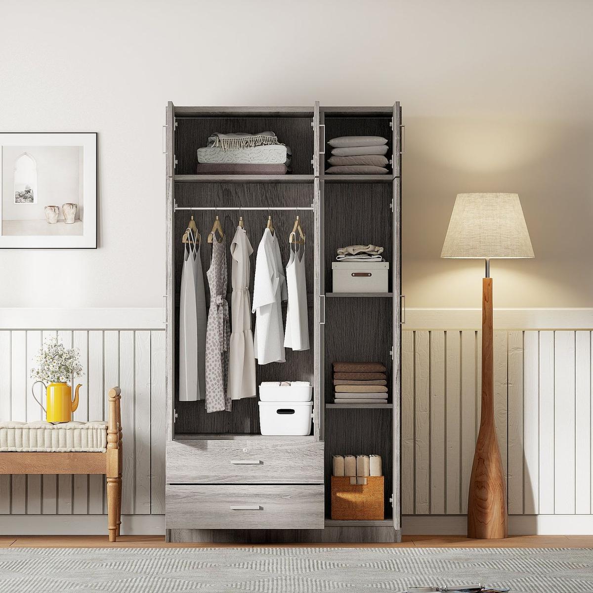 3-Door Mirror Wardrobe with 2 Drawers and Top Cabinet,Gray