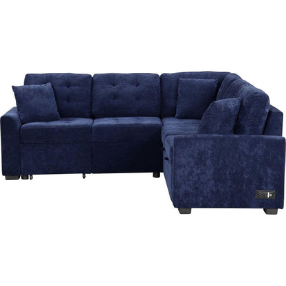 82.6" L-shape Sofa Bed Pull-out Sleeper Sofa with Wheels, USB Ports, Power Sockets for Living Room, Navy Blue