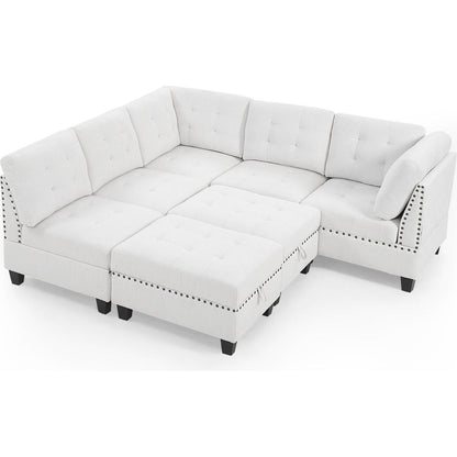 L shape Modular Sectional Sofa,DIY Combination,includes Three Single Chair, Two Corner and Two Ottoman,Ivory Chenille