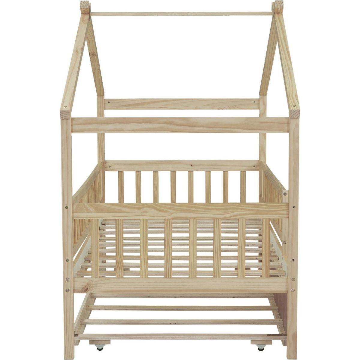 Twin Size Wooden House Bed with Twin Size Trundle, Natural