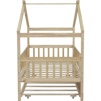 Twin Size Wooden House Bed with Twin Size Trundle, Natural