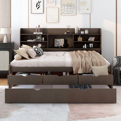 Full Size Wooden Captain Bed with Built-in Bookshelves,Three Storage Drawers and Trundle,Antique Grey - Streamdale Furniture